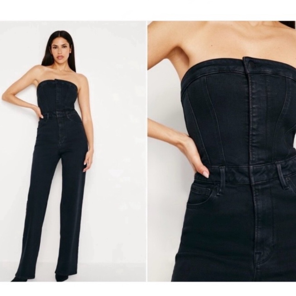 Good American 90s Tube snatched compression strapless black denim jumpsuit